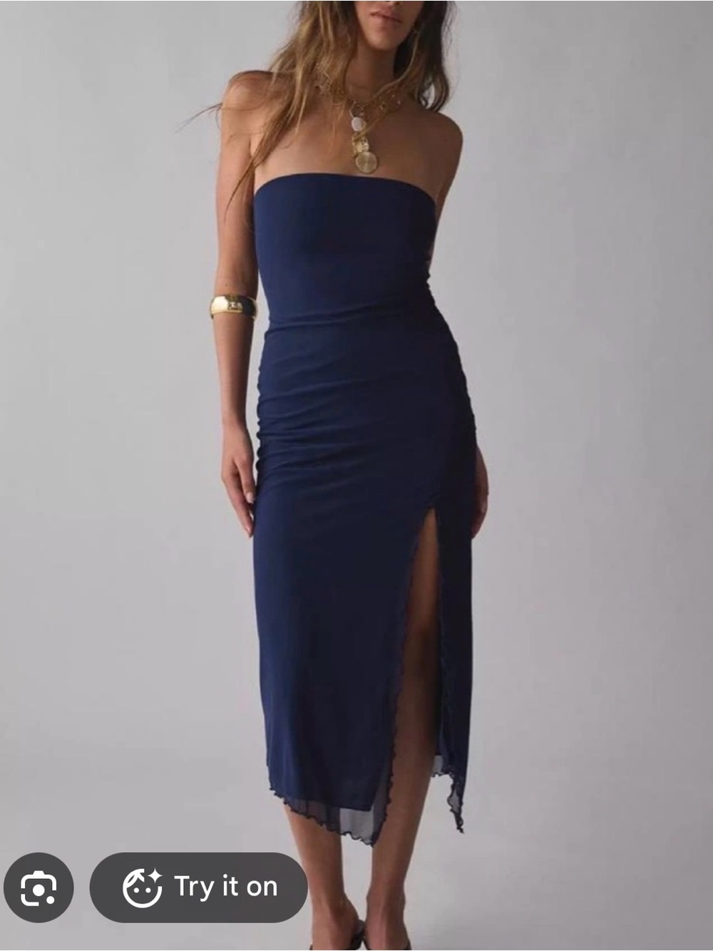 Urban Outfitters Navy Strapless Midi Dress with Side Slit